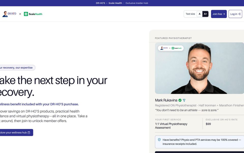 DR-HO’S recovery hub with a featured physiotherapist and virtual assessment.