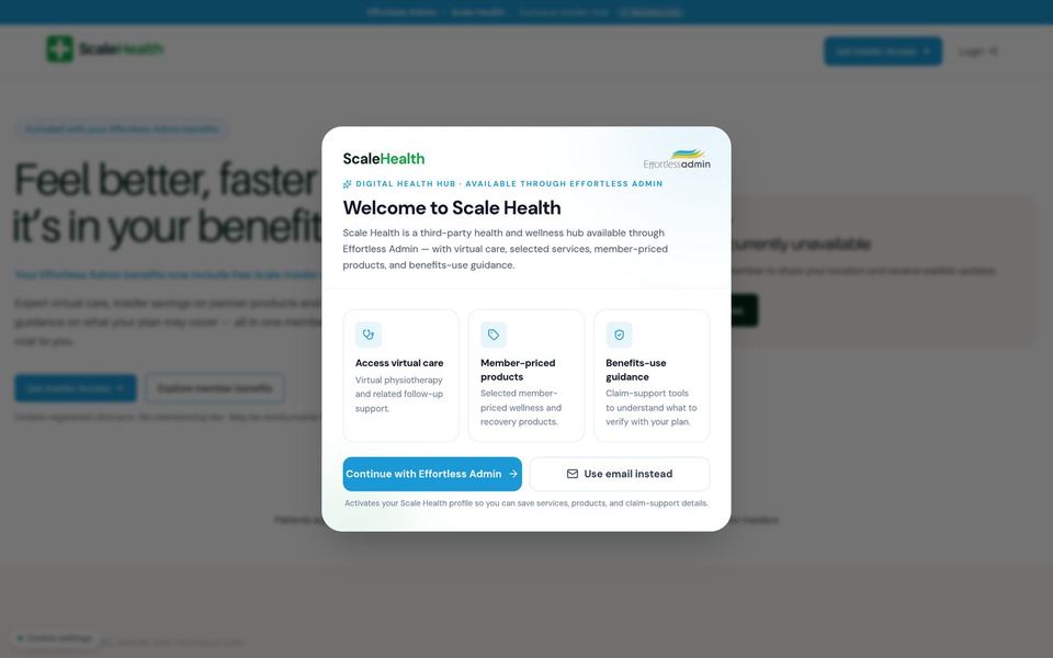 Effortless Admin welcome portal into the Scale Health hub.