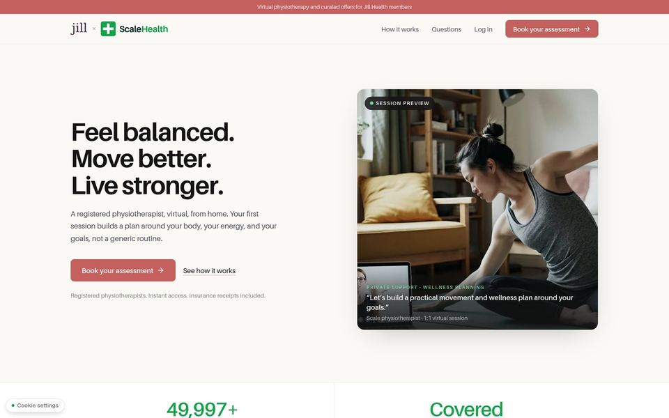 Jill Health booking page: Feel balanced, move better, live stronger, with a session preview.